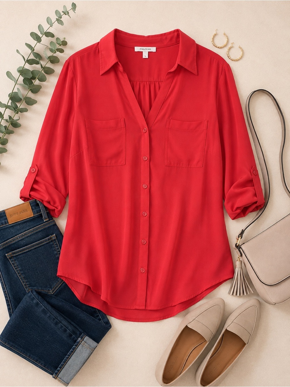 Maurices Button Down Utility Blouse Roll Tab Sleeve NWT